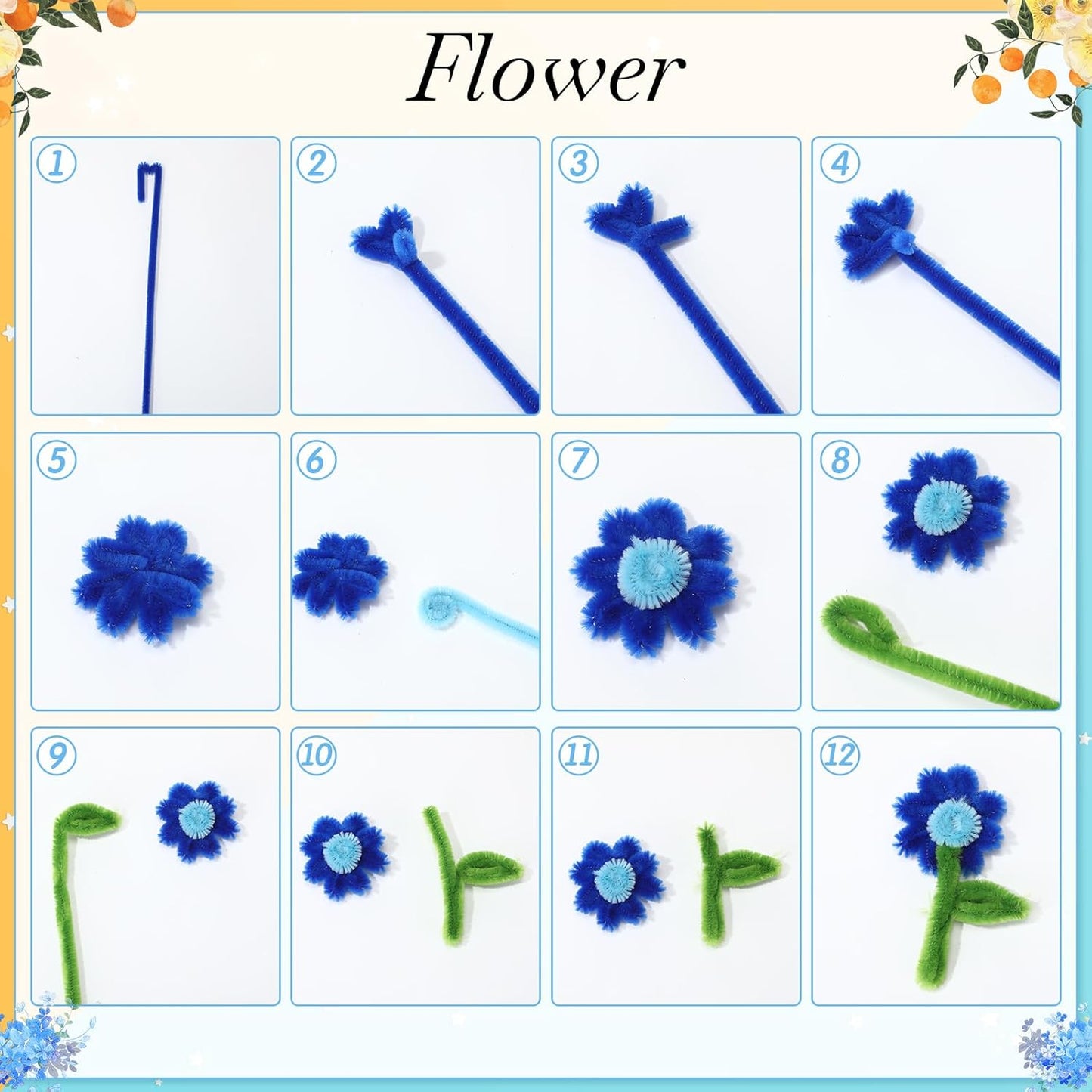 DaisyInner 700 Pcs Halloween Fall Pipe Cleaners Craft Bulk Pastel Chenille Stems Flower DIY Gradient Colored Fluffy for School Classroom Thanksgiving Christmas Party Supplies(Blue,Yellow)