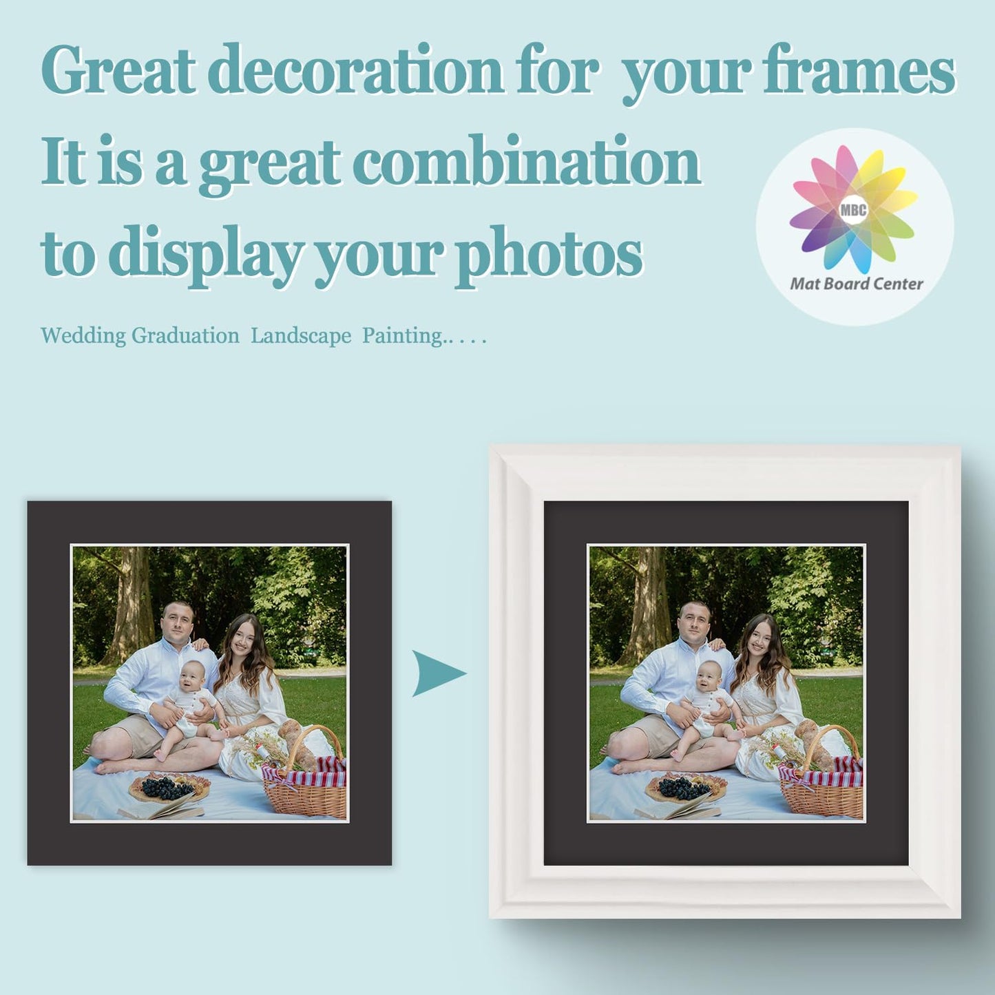 MBC Mat Board Center, 5 Pack 10x10 for 8x8 Black Picture Mats Frame Mattes, Bevel Cut, Acid Free, 4-ply Thickness