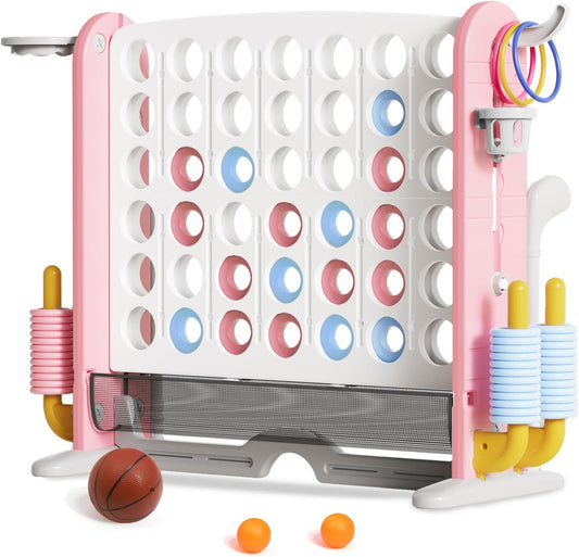 Giant 4 in a Row Connect Game with Mesh Fabric | Height Adjustable 4-in-1 Jumbo 4-to-Score Yard Game Set with Basketball, Golf & Ring Toss | Outdoor Indoor Family Party Game for Kids & Adults, Pink