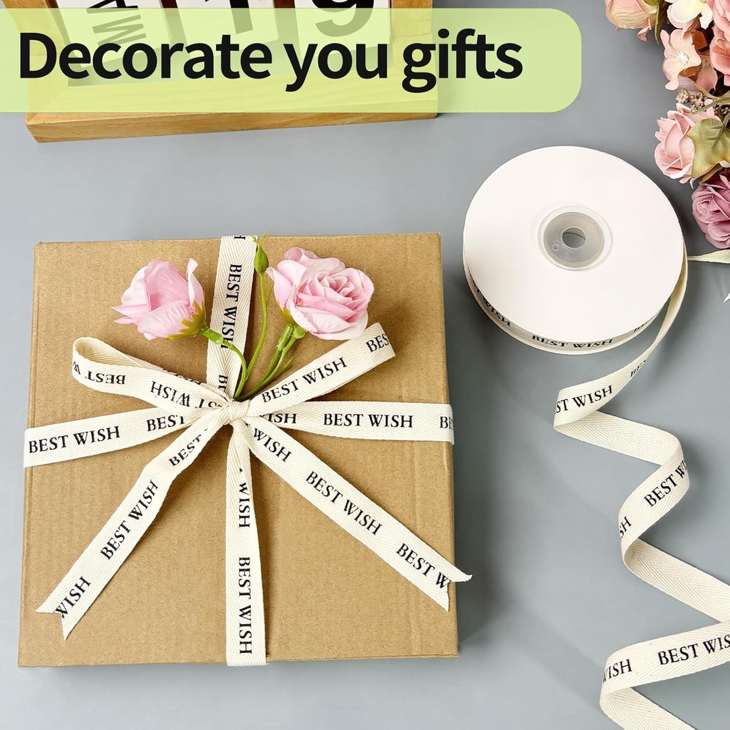 Cotton Herringbone Ribbon - Natural Twill Tape for Custom Gift Wrapping & DIY Crafts-5/8 Inch x 15 Yards - Best Wish Printed Phrase