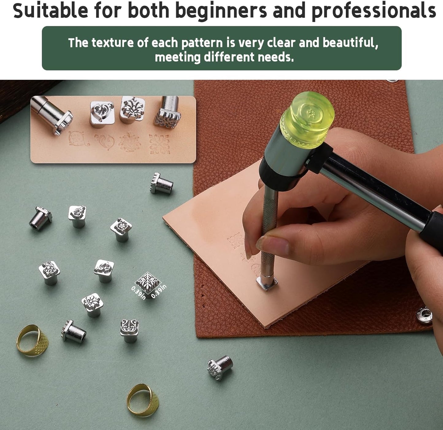Leather Craft Stamping Tools, Leather Stamping Kit with 12 Tangcao Patterns Stamp and Punch Tools and 25mm Hammer and 3 thimbles for Craft Stamps