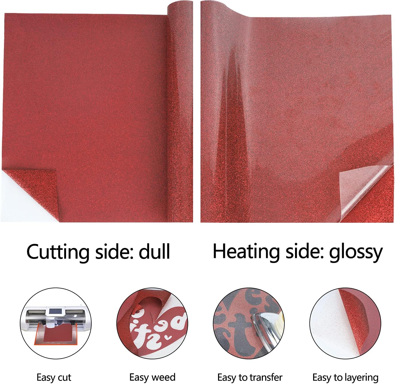 guangyintong Glitter Red Heat Transfer Vinyl HTV Rolls, 12" x 8ft Iron on Vinyl for T-Shirts Glitter Red HTV Vinyl for All Cutter Machines Easy to Cut & Weed for Heat Vinyl Design
