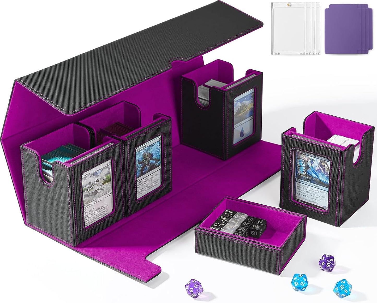 Card Deck Box for MTG with Commander Display, 5 in 1 Card Deck Case Holds 800+ Unsleeved Cards, Strong Magnet Organizer Compatible with Yugioh TCG Sports Cards (Black&Purple)