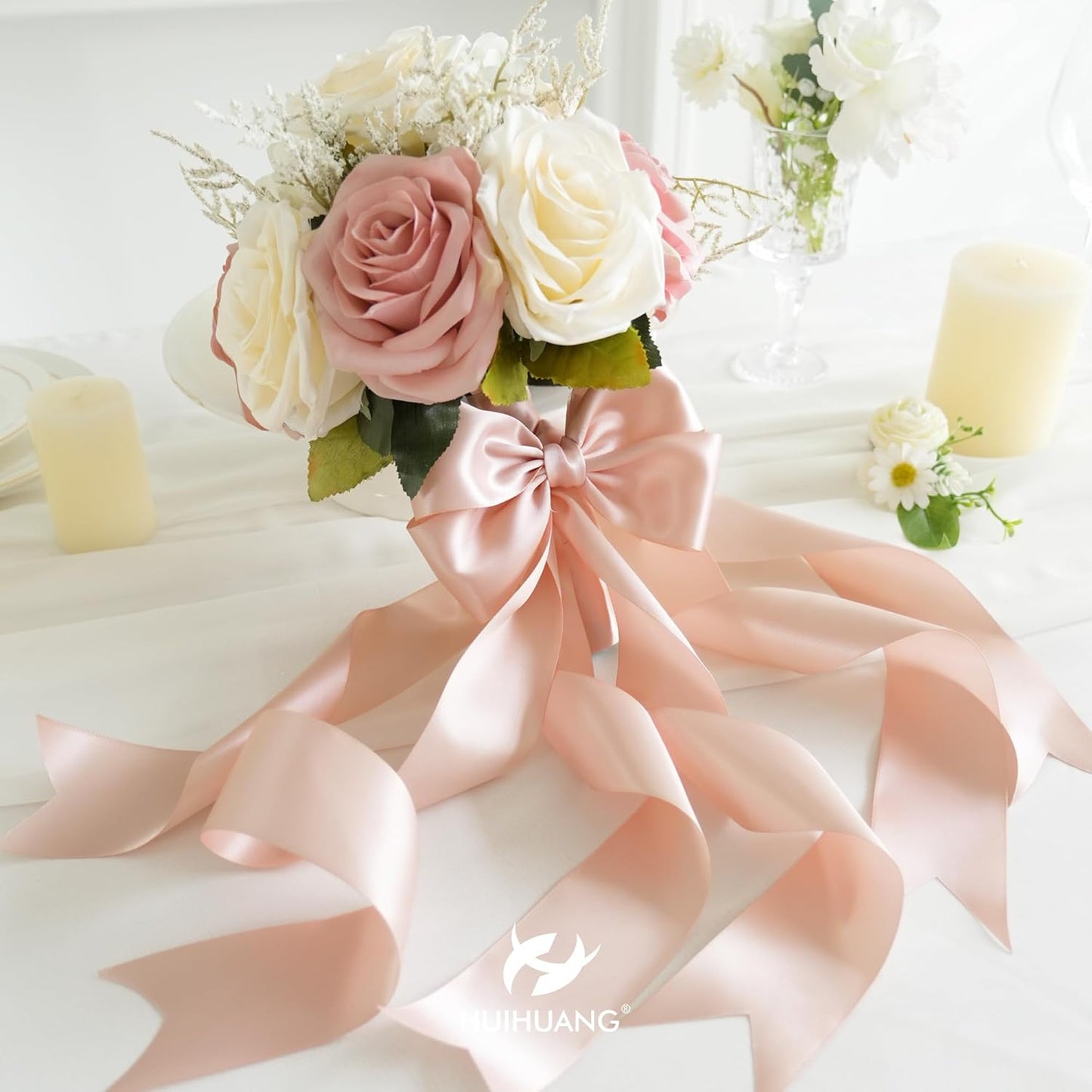 HUIHUANG Rose Gold Satin Ribbon 2 inch Wide Double Faced Satin Ribbon Rose Gold Ribbon for Gift Wrapping, Bows Making, Flower Bouquet, DIY Crafts, Bridal Shower, Holiday Party Decor-25 Yards/Roll