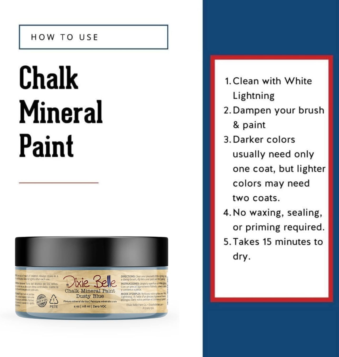 Dixie Belle Paint Company Chalk Finish Furniture Paint - Dusty Blue (4oz) - Matte Faded Denim Chic Chalk Mineral DIY Furniture Paint