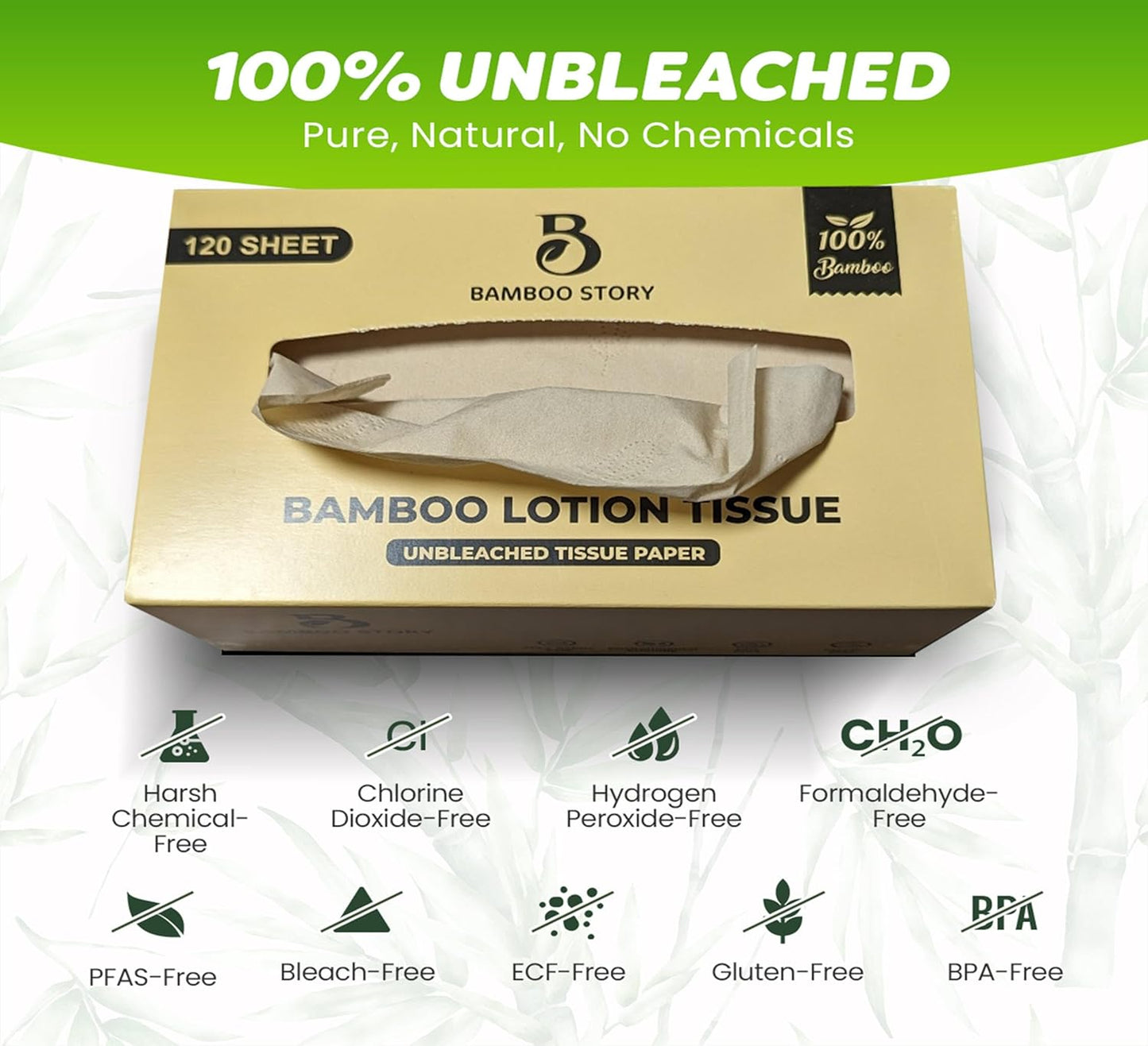 Bamboo Facial Tissues, Lotion Soft, 3-Ply Unbleached & Chemical-Free 1440 Sheets, Hypoallergenic for Sensitive Skin, FSC Certified, Plastic-Free, PFAS-Free, 100% Bamboo Tissues (12)