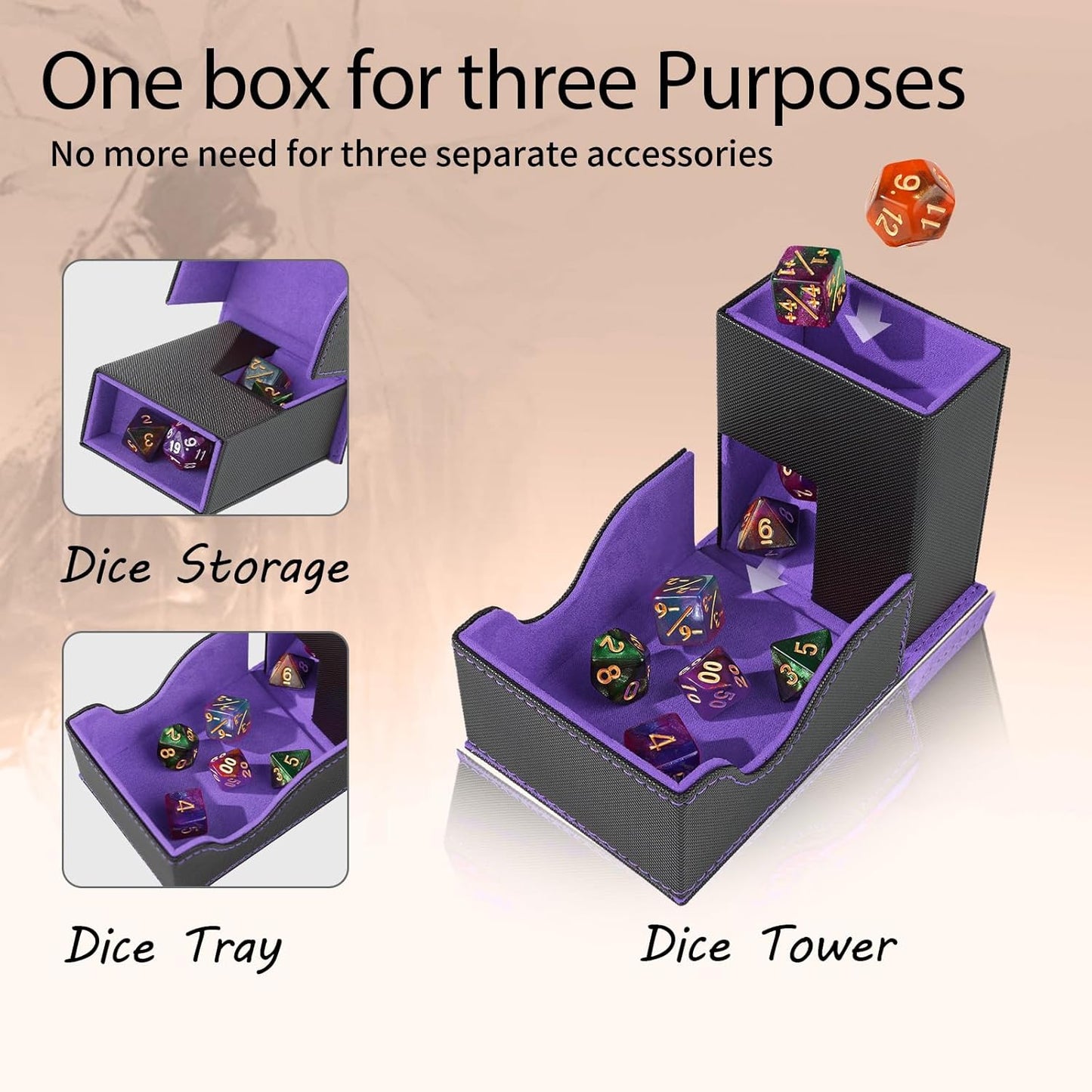 Dice Tower and Tray, Portable Commander Deck Box, Foldable Dice Storage Box for Dungeons and Dragons Rolling Tray Black/Violet