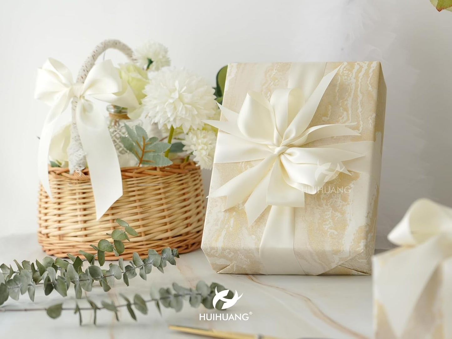 HUIHUANG Ivory Satin Ribbon 1-1/2 inch x 100 Yards Antique White Double-Faced Satin Ribbon for Flower Bouquet, Gift Wrapping, Eternal Roses, DIY Crafts, Bridal Shower Wedding Decor