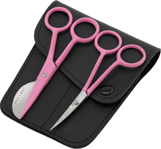 Small Embroidery 4.5 Inch Scissors Set of 2 Kit - Mini Double Bend Offset Duckbill and Double Bend Long Applique Needlepoint Blade with Pouch Sleeve (Pink)