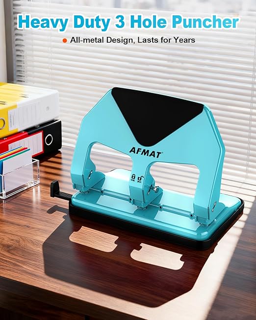 AFMAT 3 Hole Punch Heavy Duty, 50-Sheet Three Hole Punch, 50% Reduced Effort, 10,000+ Uses, 9/32" Holes, S.S. Paper Guide, 3 Hole Puncher for Binder, Metal Hole Puncher for Home Office School HP20