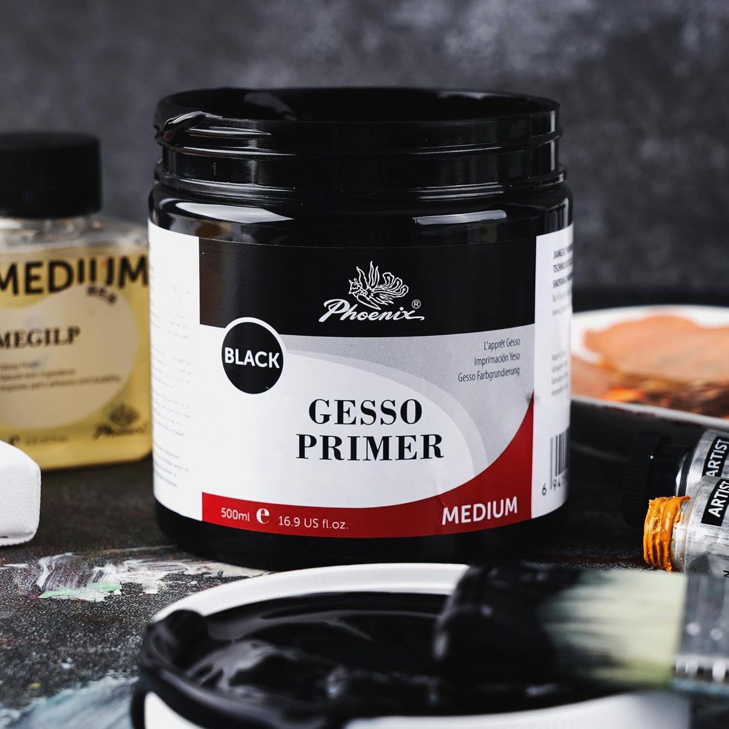 PHOENIX Black Gesso Primer - 16.9 Fl oz. / 500ml Gesso for Canvas Surface Prep Medium for Oil Acrylic Paints