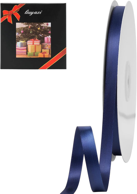 LIUYAXI Navy Blue Double Faced Satin Ribbon, 3/8" X Continuous 100 Yards, Ribbons Perfect for Gift Wrapping Bows Bouquet Wedding Decor DIY Craft and More