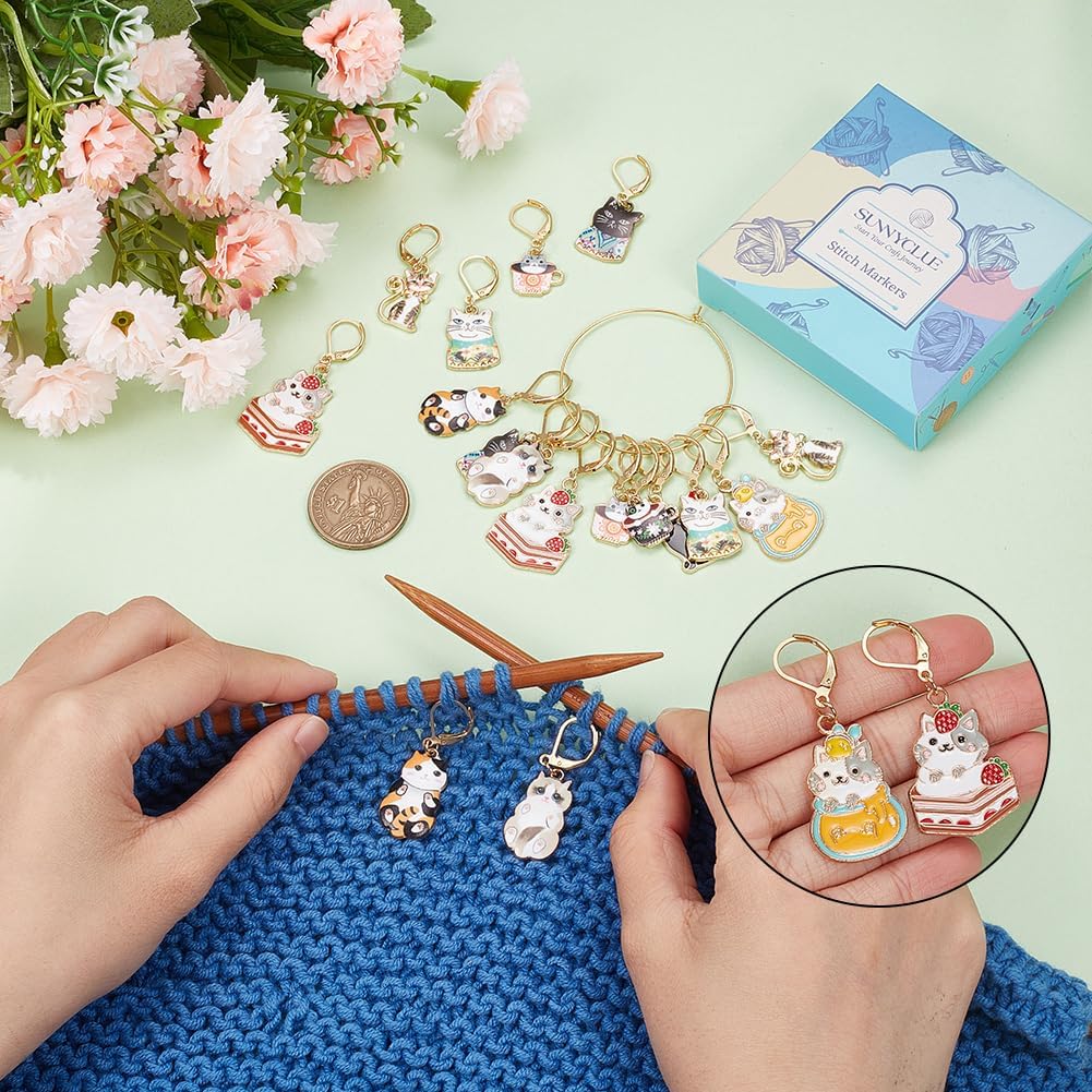 SUNNYCLUE 1 Box 20Pcs 10 Style Locking Stitch Marker Cute Stitch Markers Cat Pet Animal Leverback Knitting Charms Knitting Tools for Weaving Sewing Needleworks Women Adults DIY Crafts