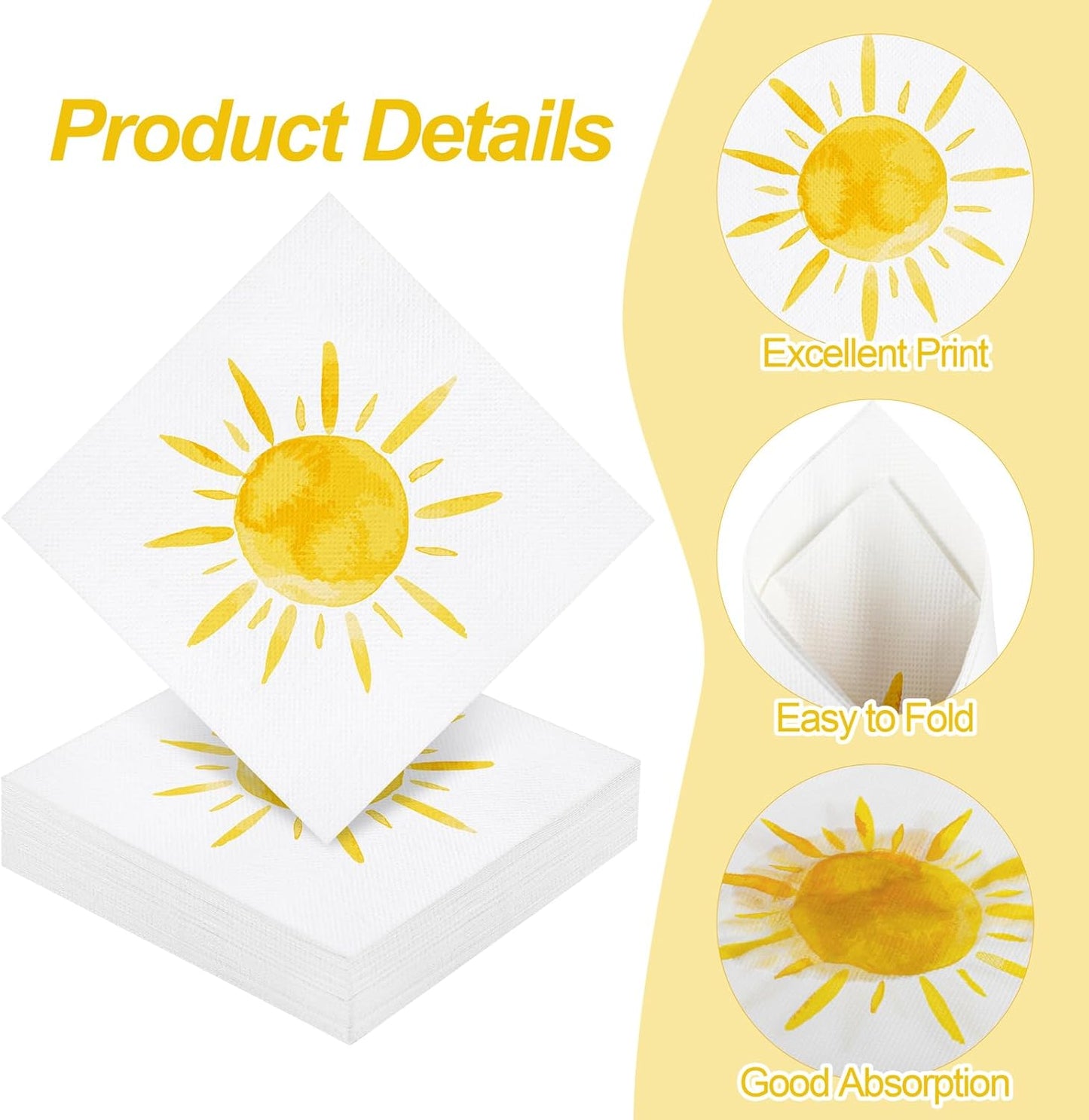 Aodaer 48 Pieces Disposable Sun Paper Napkins Sunshine Birthday Decorations Sun Party Napkins Cocktail Dinner Napkin Set 13" x 13" Unfolded Tableware Napkins for Sun Birthday Party Supplies