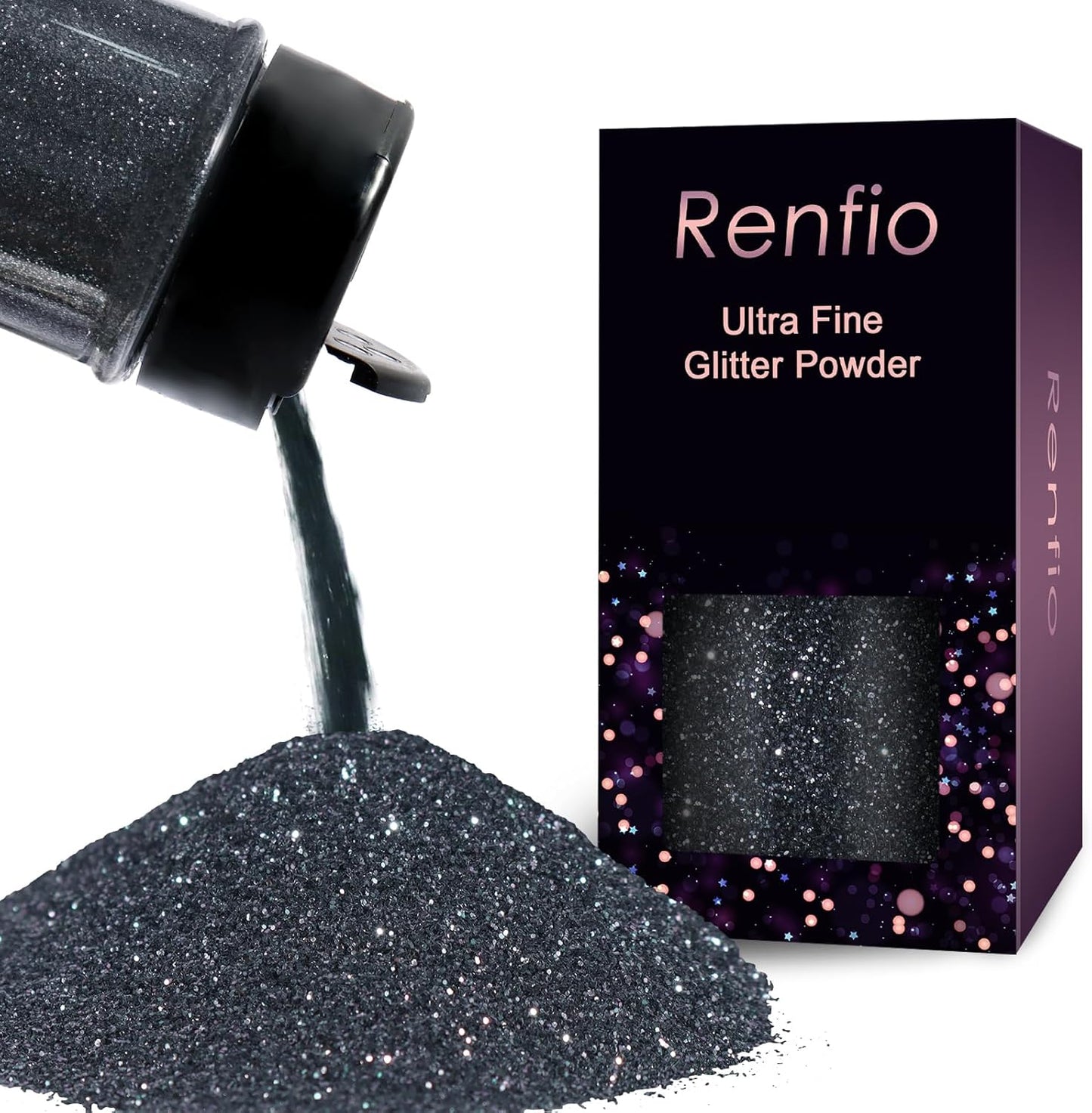 Renfio Ultra Fine Glitter Powder Metallic Resin Glitter 2.11 Oz (60g) PET Flakes Crafts Sequins 1/128" 0.008" 0.2mm Epoxy Chips Flakes for Tumblers Slime Decoration - Charcoal