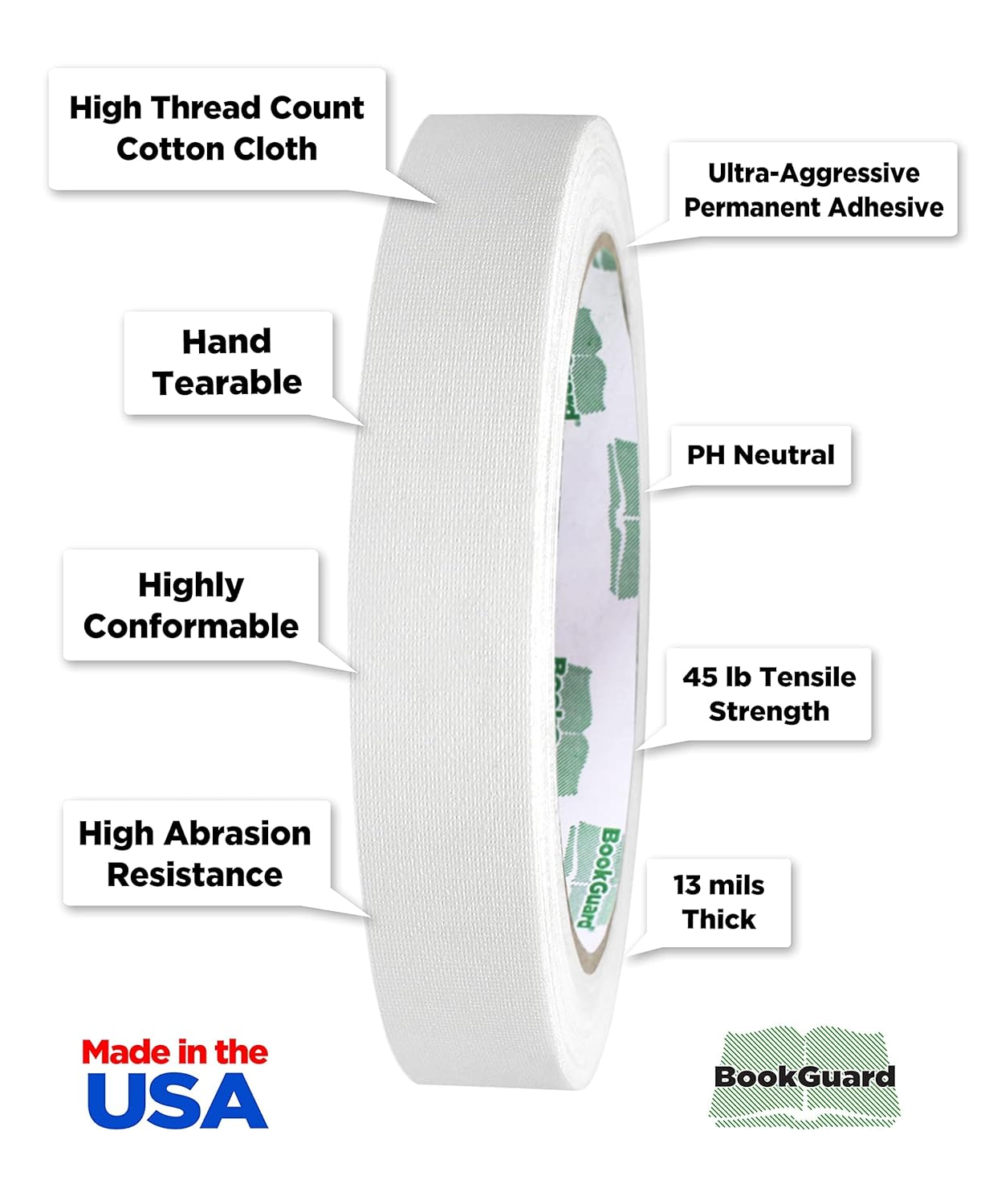 BookGuard 0.75 inch Premium Bookbinding Repair Cloth Tape, 15 Yard Roll, White
