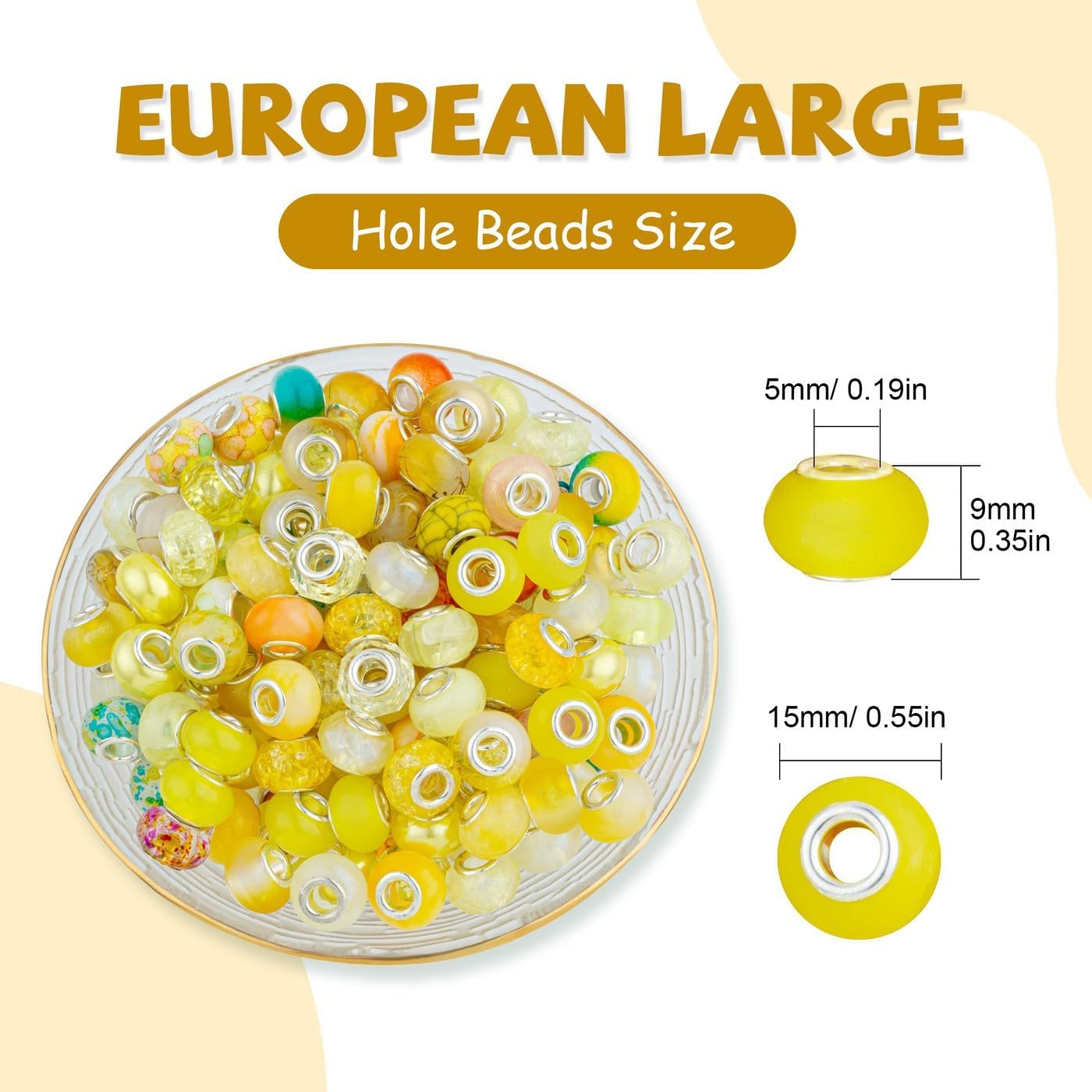 LAIDANLA Yellow Mix Large Hole Beads, 100pcs, 14mm x 5mm, Resin, Plastic, Acrylic, Round, Loose Beads for Jewelry Making, Bracelet, Necklace, Decoration