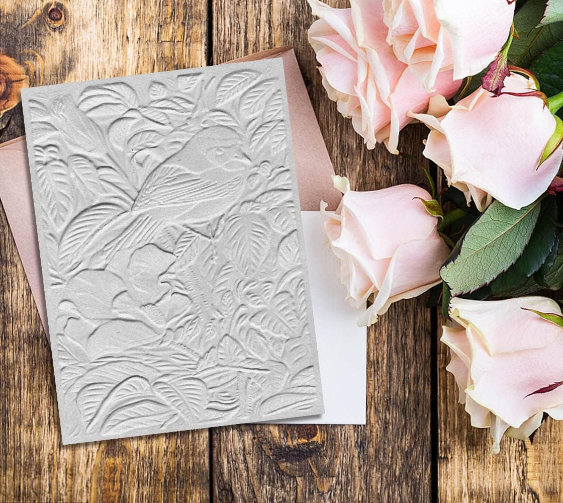 ALIBBON 3D Textured Spring Bird Background Embossing Folders for Card Making, Leaves Background Template Folders for DIY Scrapbooking Paper Craft Photo Album Decorations