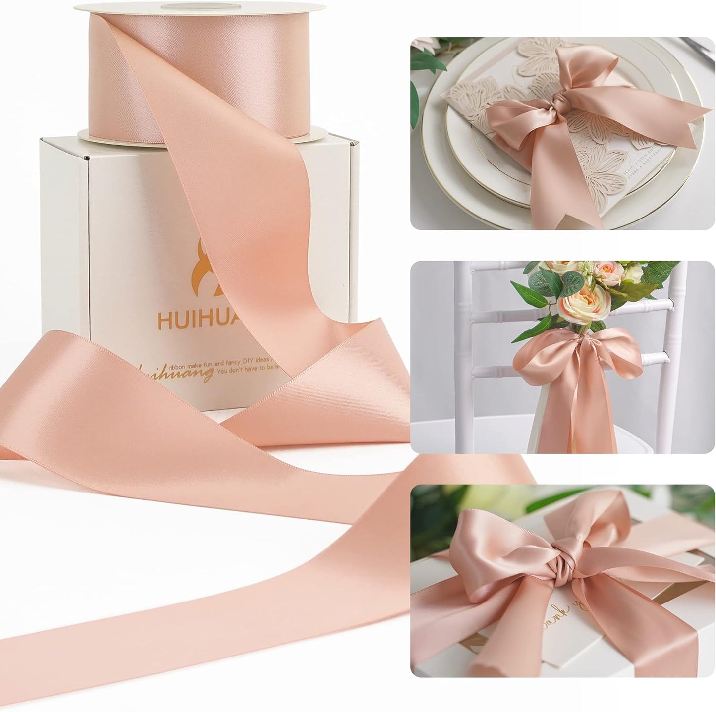 HUIHUANG Rose Gold Pink Ribbon for Wedding, 2" Double Face Misty Rose Satin Ribbon for Flower Bouquet, Dress Chair Sashes, Invitations Card, Gift Wrapping, Bows, Crafts, Holiday Decor -25 Yards/Roll