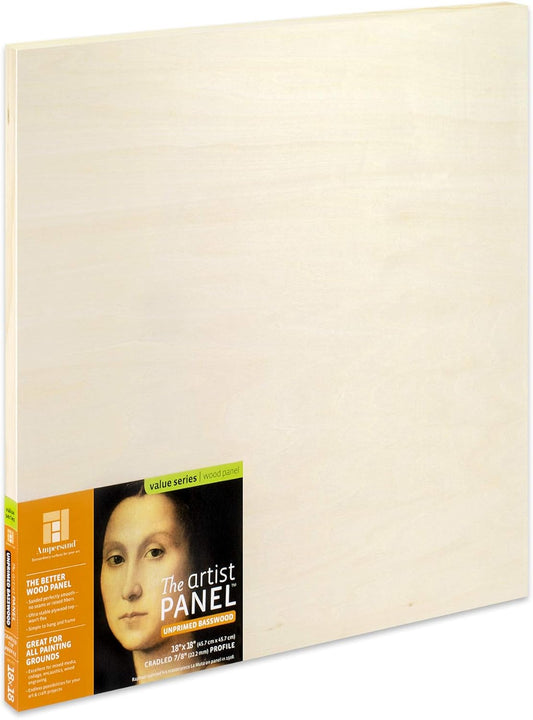 Ampersand Art Supply Unprimed Basswood Artist Panel, 7/8" Cradled Profile, 18"x18"