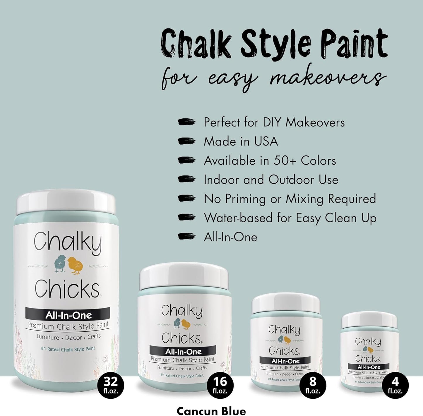 Chalky Chicks All-in-One Chalk Paint for Furniture or Cabinet - 8Fl Oz - Matte Finish Cancun Blue (Light Blue) for Metal, Wood Furniture Paint - No Sanding All-in-One for Home Decor & Crafts, USA Made