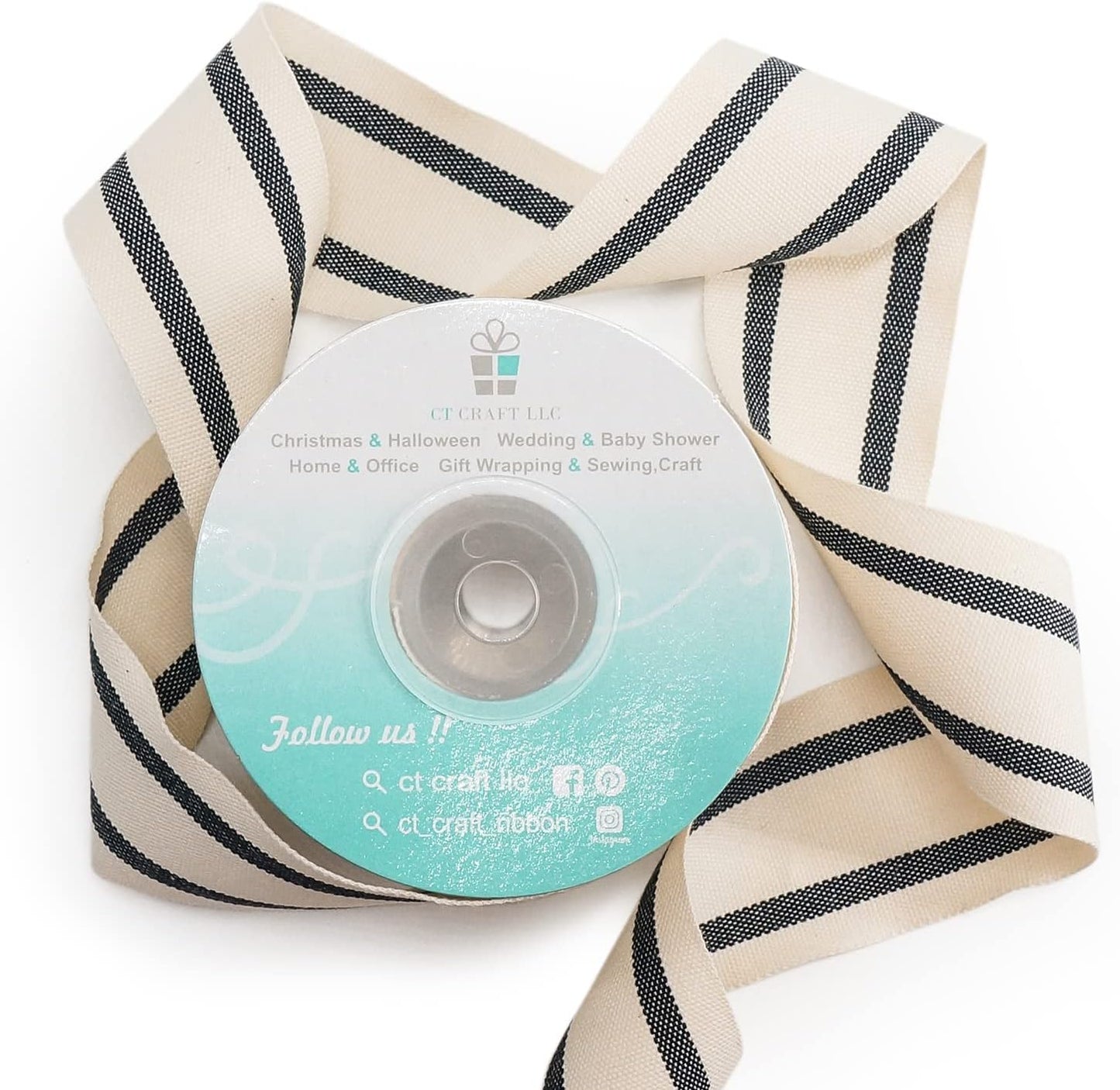 CT CRAFT LLC Ivory Cotton Black Stripes Ribbon 1.5" x 10 Yards for Home Décor Gift Present Wrapping DIY Crafts Birthday Wedding Bouquet Christmas