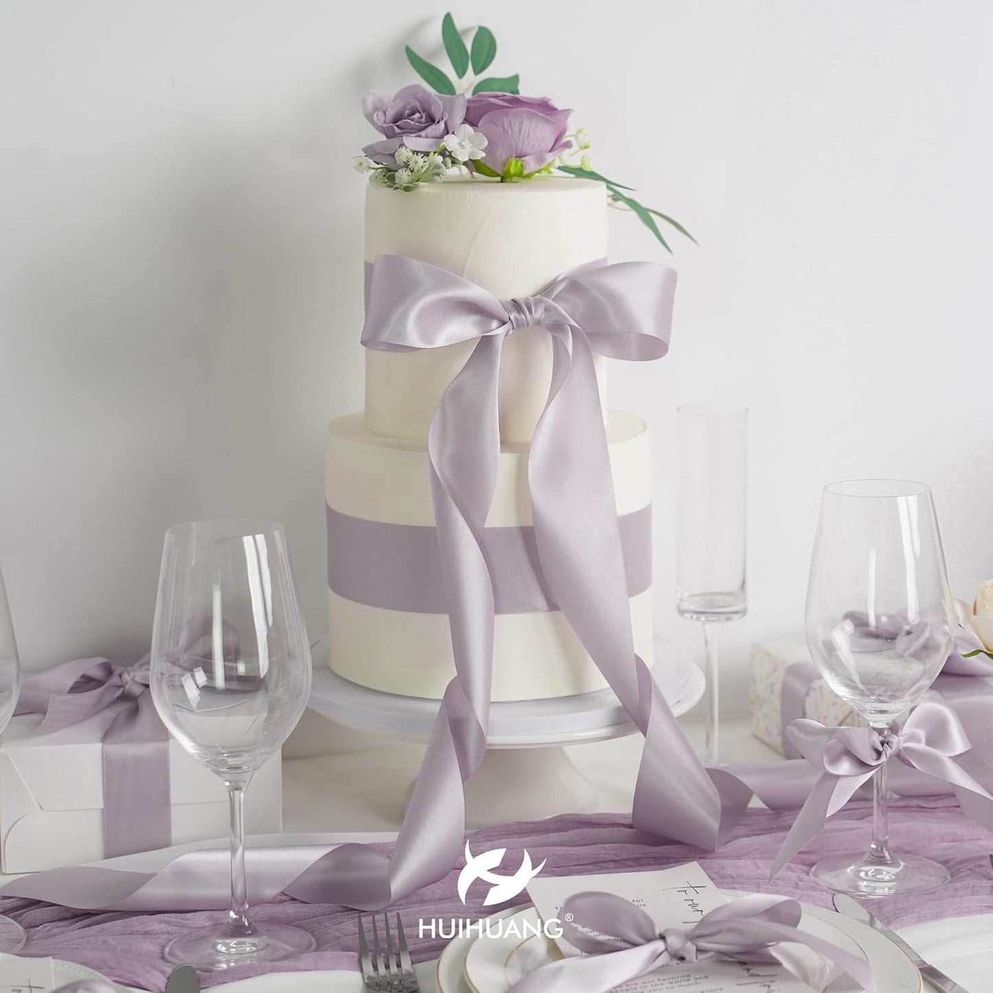 HUIHUANG Dusty Purple Ribbon 2 inch Wide Double-Faced Pastel Lilac Satin Silk Ribbon for Flower Bouquet Wrap, Gift Wrapping,Wedding Decor, Home Decor, Crafts and Bows Making- 25 Yards/Roll