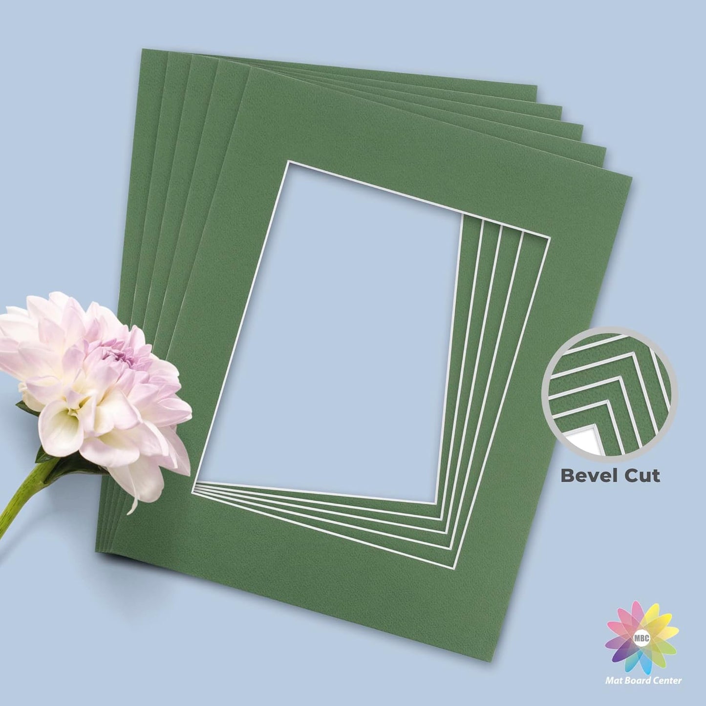 Mat Board Center, Pack of 10, 11x14 for 8x10 Basque Green Color Mats - Bevel Cut, Acid Free, 4-ply Thickness, White Core - for Pictures, Photos, Framing