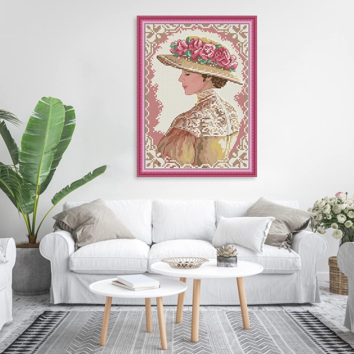 CROSSDECOR Stamped Cross Stitch Kits Beginners Full Range of Crossstitching Preprinted Pattern for Kids or Adults, DIY Needlepoint Embroidery Craft 11CT 3 Strands-9.5×13.8 inch，Elegant Lady