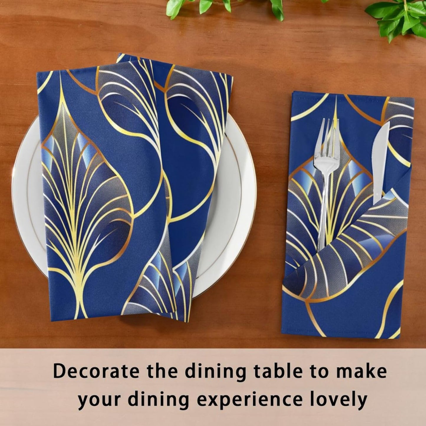 ALAZA Art Deco Floral Royal Blue & Gold Cloth Napkins Set of 4, 20x20 Inch Washable and Reusable Napkin for Decoupage Dinner Party Everyday Use
