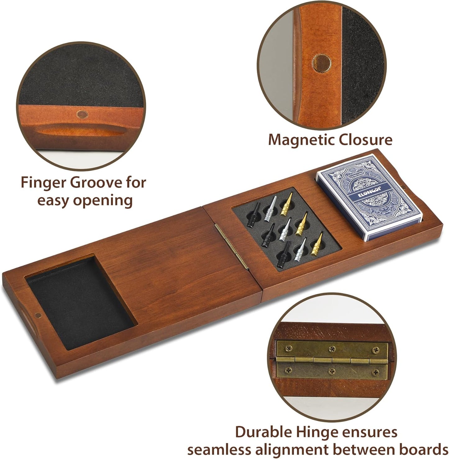 Foldable Wooden Cribbage Board Game Set, Portable Travel 3 Track Cribbage Board with Magnetic Closure,9 Metal Pegs,A Deck of Cards - Family Board Games for Kids and Adults