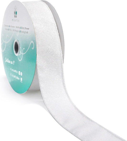 CT CRAFT LLC Glitter Wired Ribbon 1.5" x 20 Yards White for Christmas Home Decor Bow Gift Wrapping DIY Crafts Wreath