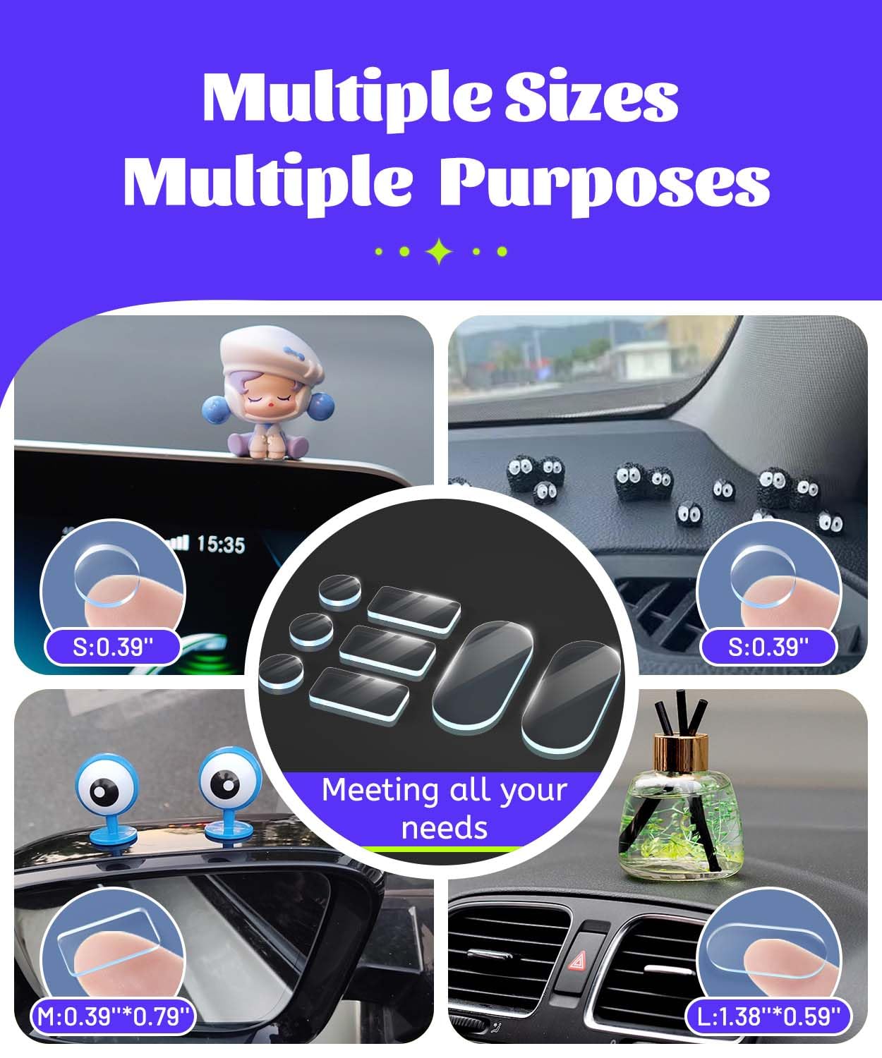 Removable Car Double Sided Glue Sticky Dots, Strong Hold Adhesive Dots for Car Dashboard Decorations, No Residue Transparent Mounting Tape for Auto Accessories 268pcs