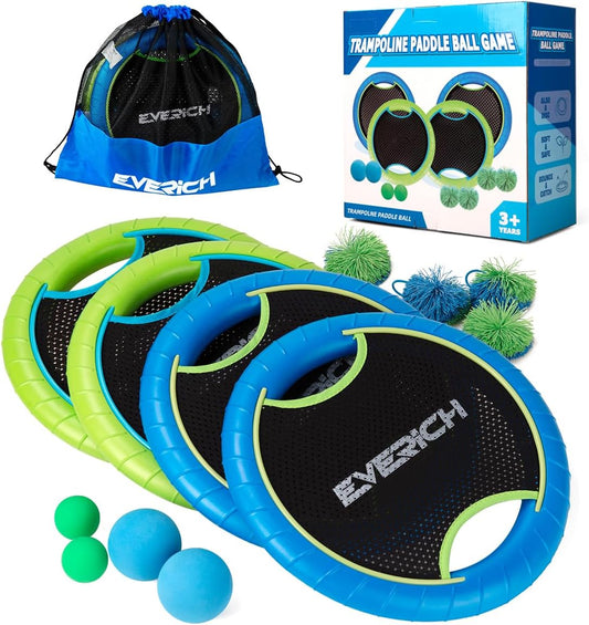 EVERICH TOY Trampoline Paddle Ball Set with 4 Bouncy Paddles & 8 Balls - Soft Foam Design for Kids Play Indoor Outdoor Beach Backyard Lawn - Great Gift Idea for Boys & Girls