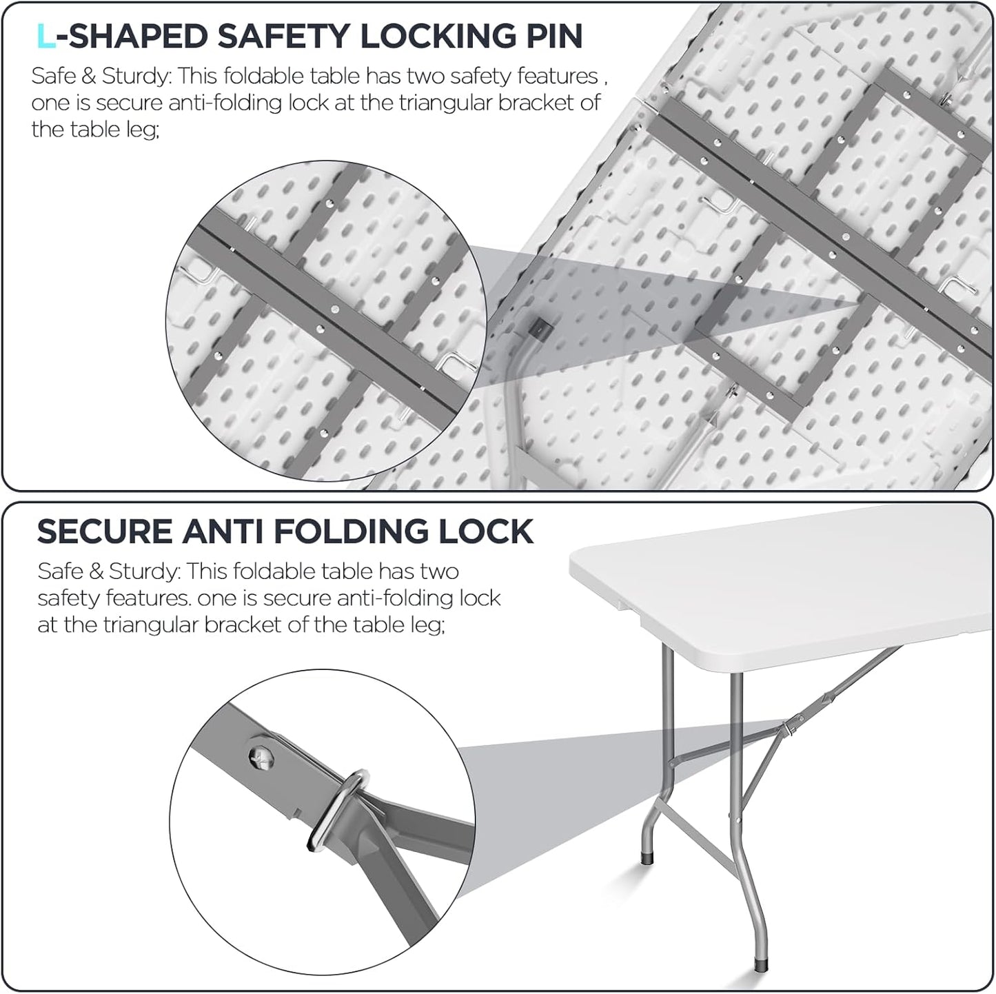 HLPB Folding Table Picnic Table, 8 ft Portable Camping Table with Handle and Safety Locks, Foldable Table Plastic Dining Table Indoor Outdoor for Camping, Picnic and Party
