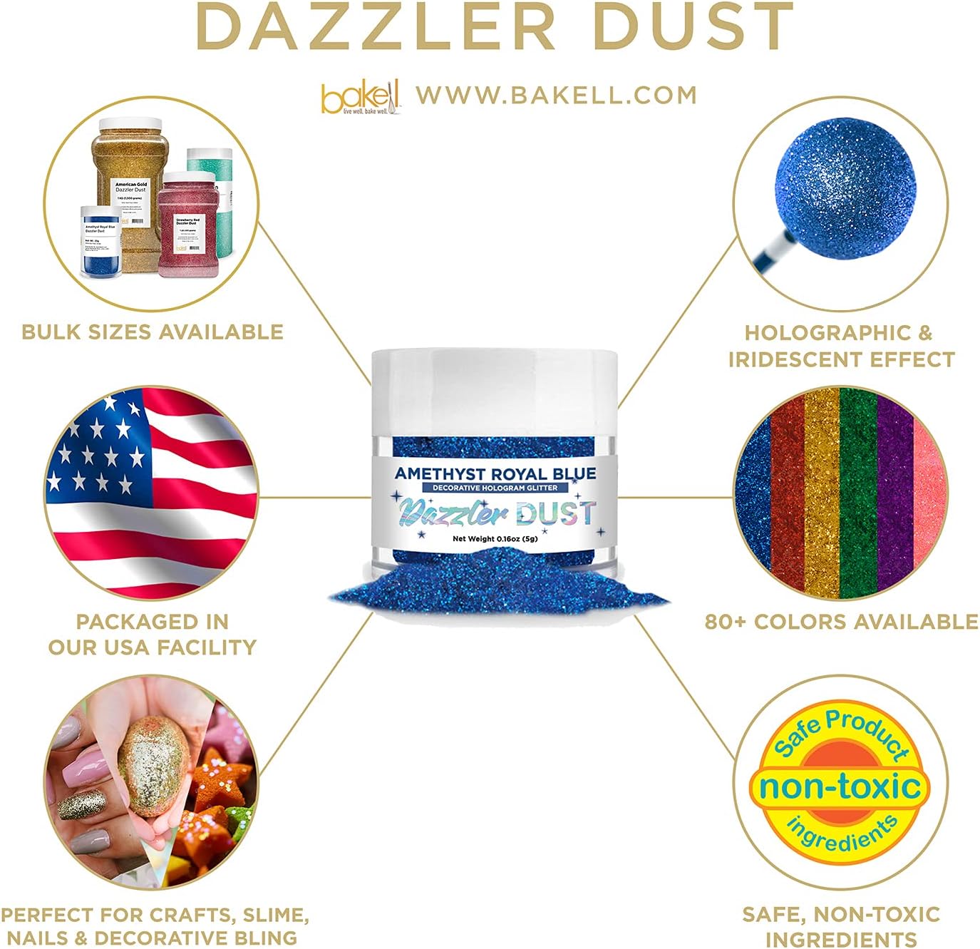 BAKELL Amethyst Royal Blue Art & Craft Glitter, 5g Jar | Dazzler DUST | Non-Toxic Decorating Glitter | Arts, Crafts, Slime, Glue, Paint, Face & Body (Amethyst Royal Blue)