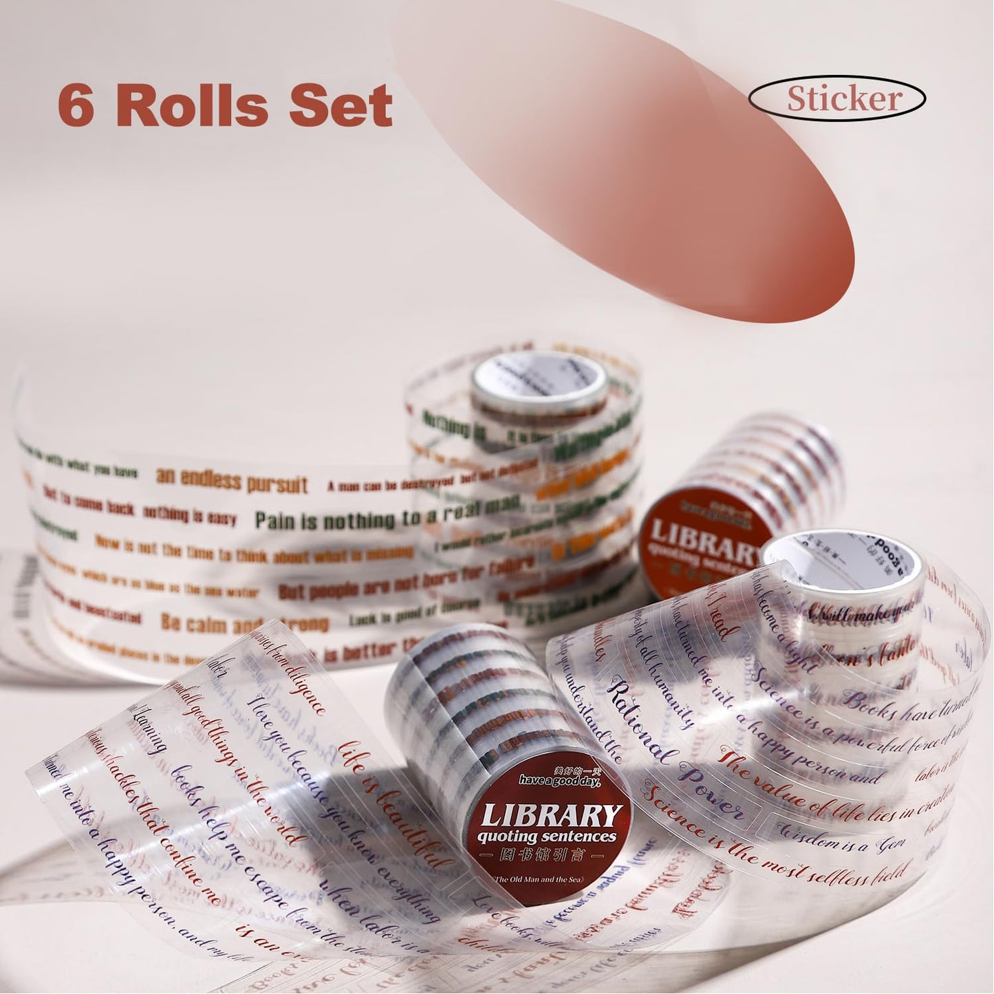 6PCS Sentence PET Tapes, Aesthetic Pre-Cut Ephemera for Journaling, Scrapbooking, and Junk Journals, with Decorative Clip