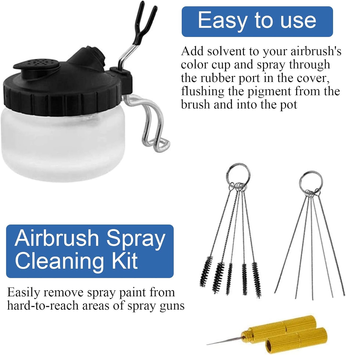 Airbrush Cleaning kit Glass Cleaning Pot with holder,Wash Cleaning Tools,5 Nozzle cleaning Needles and Brush,1 Golden Needle,Dredging Needles Kit for Airbrush Cleaning Repair