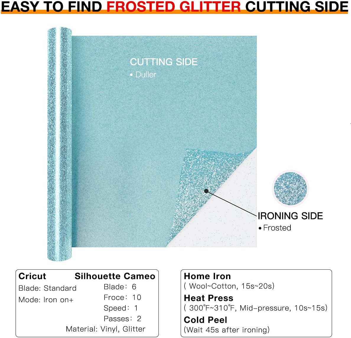 HTVRONT Blue Glitter HTV Heat Transfer Vinyl - 10" x 8ft Glitter Iron on Vinyl for Shirts, Easy to Cut & Weed for Heat Vinyl Design (Light Blue)