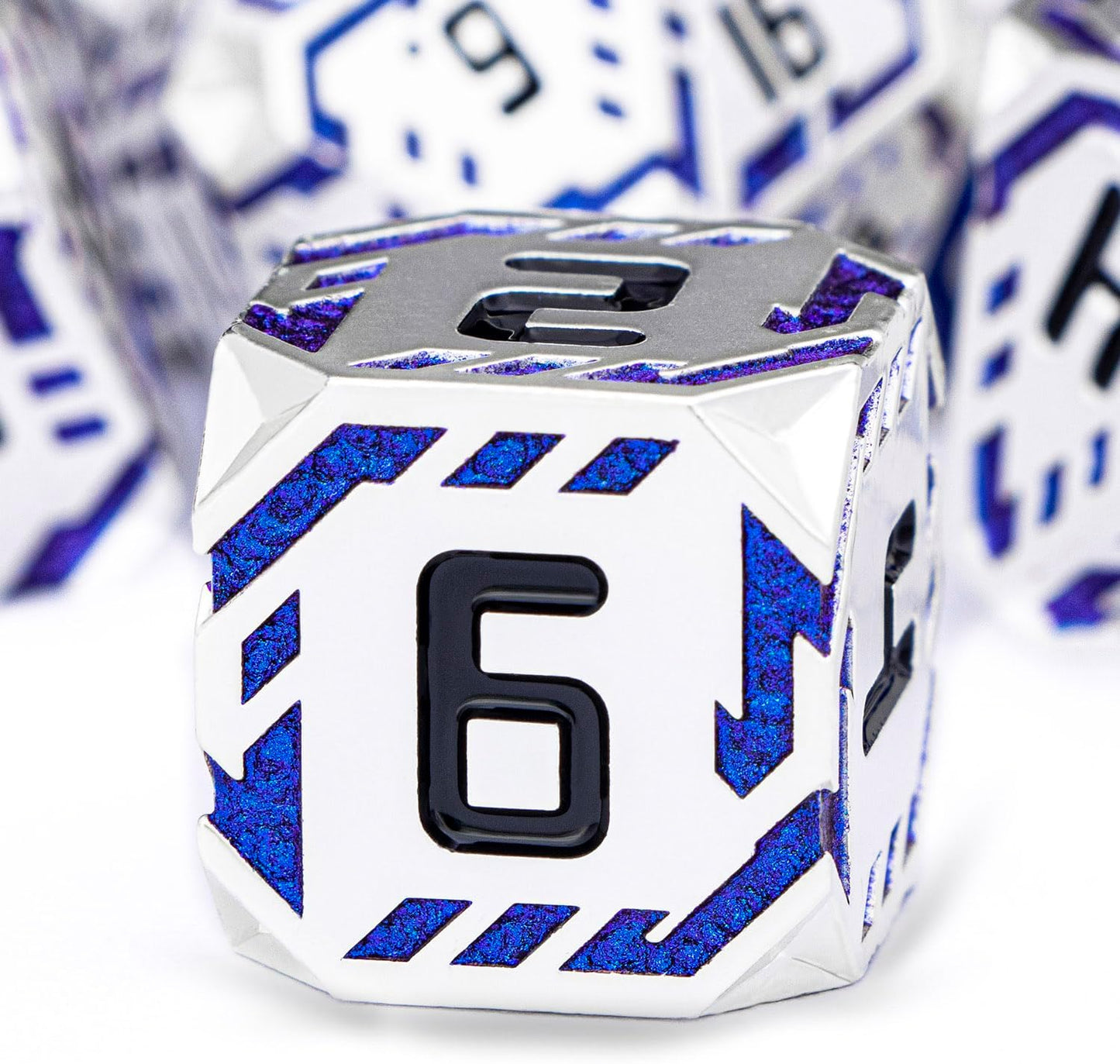 Metal DND Sci-fi Dice Set 7PCS Stripe Polyhedral Dice for Dungeons Dragons RPG Role Playing Game, Glitter D and D Dice with Gift Box D6 D8 D10 D12 D20 (Silver Blue)