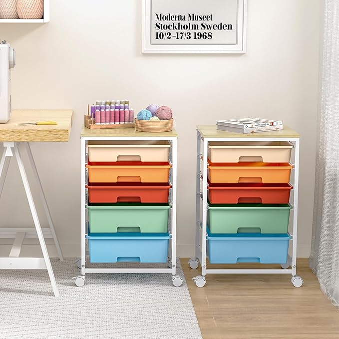 Craft cart,Rolling Cart with Drawers,Storage Cart with 5 Drawers and Wooden Tabletop for Under Desk Organizers and Storage,Macaron