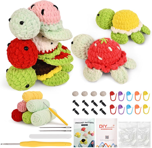 DetFinns Crochet Kit for Beginners, Crochet Starter Kits with Step-by-Step Video Tutorials, DIY Craft Kits Knitting Supplies for Kids, Adults, Beginners, 5 Packs Turtle Party (40%+ Yarn)
