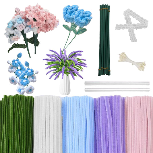 600Pcs Pipe Cleaners Craft,Multiple Assorted Colors Pipe Cleaners Bulk, Chenille Stems for DIY Flower Making Kit with Floral Wires, Gardening Tape,Stamen& Ribbon (Blue)