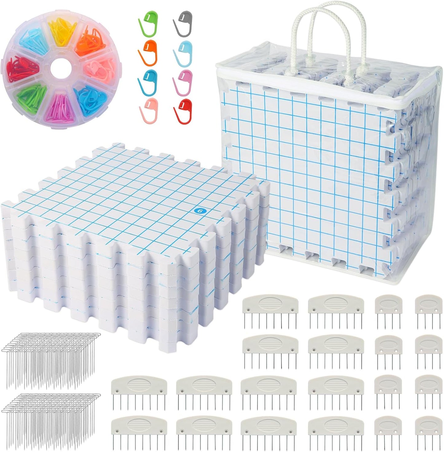 MEVOME Blocking Mats for Knitting with 20pcs Knitting Blockers 200 T-pins 104 Locking Stitch Markers, Extra Thick Block Boards with Grids Storage Bag for Needlepoint Crochet - Pack of 9 (White)
