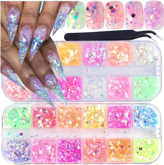 Holographic Nail Art Glitter Iridescent Flakes Nail Foil 12 Grids and Mermaid Flake Glitter Sequins 12 Grids,Colorful Fluorescent Glass Acrylic Nails Supplies Sticker for Make Up
