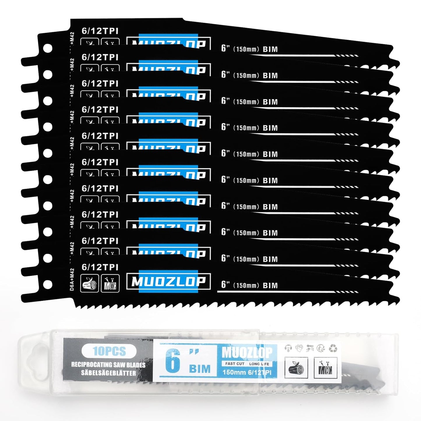 10 Pack 6inch Reciprocating Saw Blades Set,6/12TPI High Carbon Saw Blades,Woodcutting Saw Blades with Organizer Case (10, 6/12TPI/150mm)
