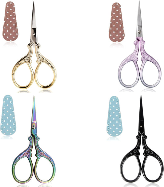 BIHRTC 4Pairs 3.6inch Small Embroidery Scissors with Leather Cover, Stainless Steel, Compact, Craft Scissors Set