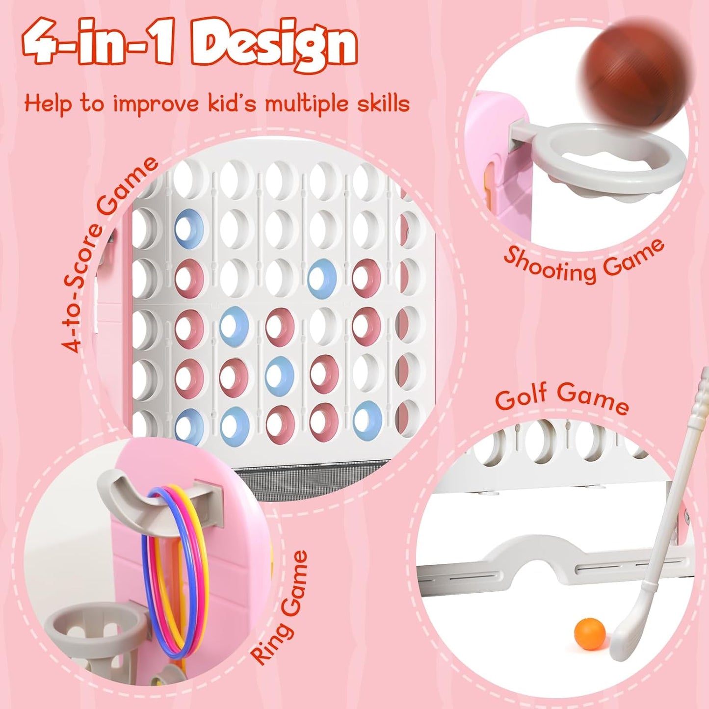 Giant 4 in-A-Row Connect Game Set, Adjustable Height Jumbo Yard Game with Basketball Hoop, Golf, Mesh Pocket & Ring Toss, Indoor Outdoor Family Backyard Party Game for Kids and Adults, Pink-White