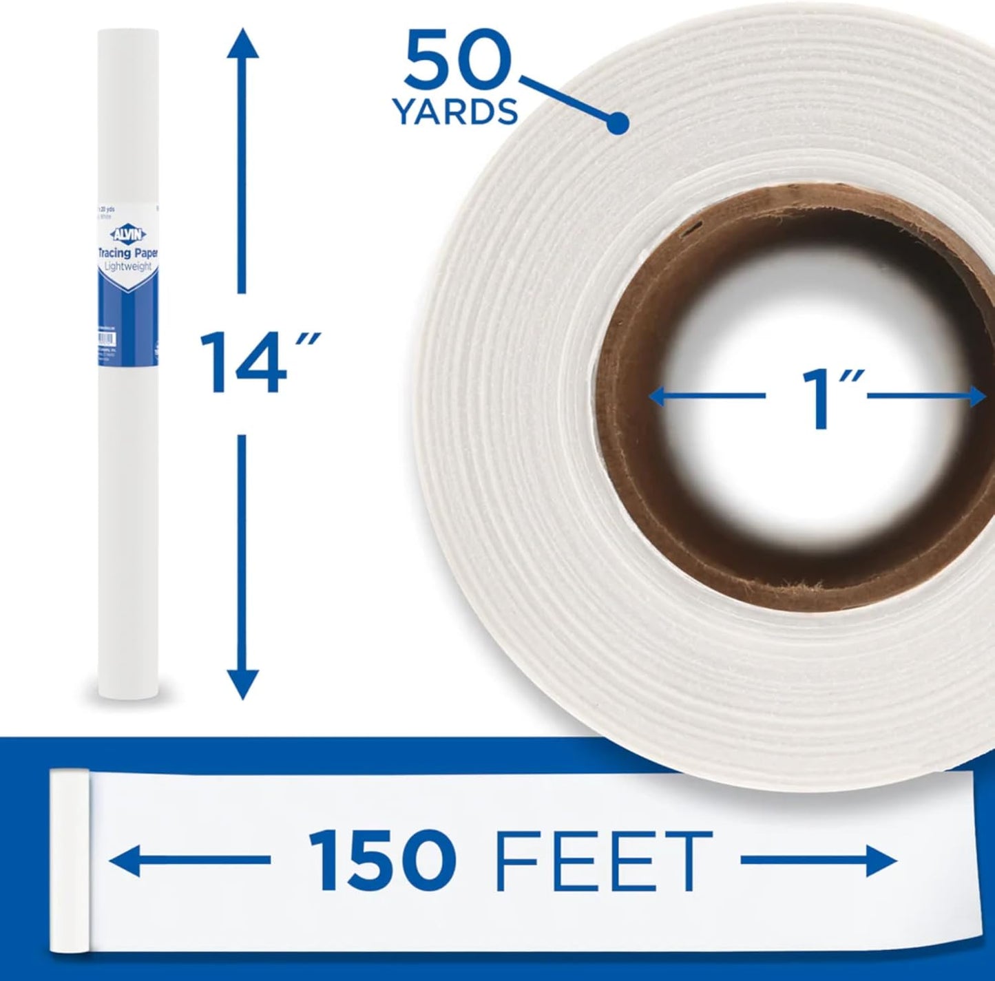 ALVIN 55W-H Lightweight Tracing Paper Roll, White, Suitable with Ink, Charcoal, Felt Tip Pen, for Sketching or Detailing - 14 Inches, 50 Yards, 1-inch Core