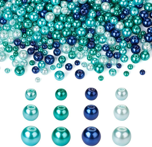 1840Pcs 4/6/8mm Glass Pearl Beads Pearlized Beads Multi Colors Round Spacer Beads for DIY Craft Jewelry Making Hole: 1mm, Mixed Blue